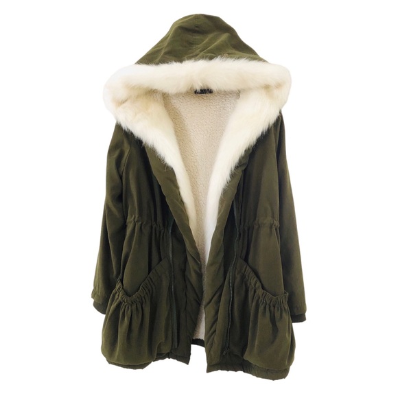 Roiii Womens Green Hooded Parka Coat Faux Fur Trim Sherpa Fleece Lining Zipper - Picture 7 of 16
